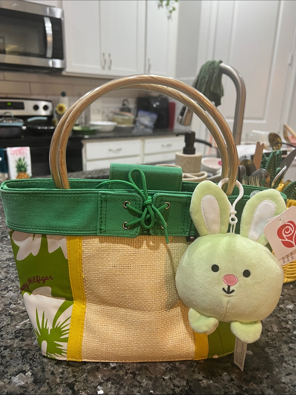 Tommy Hilfiger Kids Green and Yellow Straw Tote with Bunny Charm